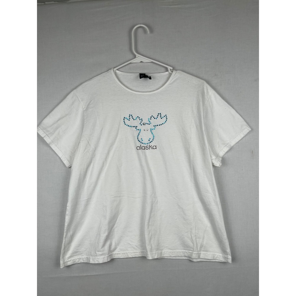 Silver For Her Alaska Moose Rhinestone T-Shirt Womens Large White Short Sleeve